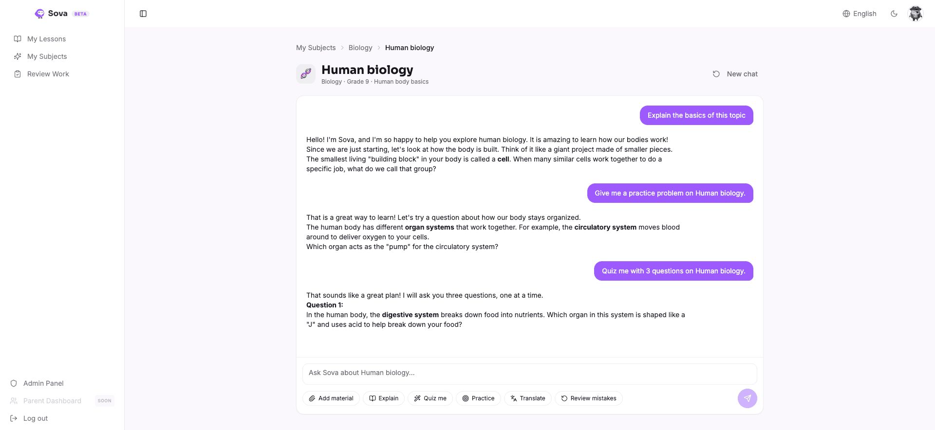 A biology lesson in Sova with explanations in a chat-style layout and suggested follow-up questions.