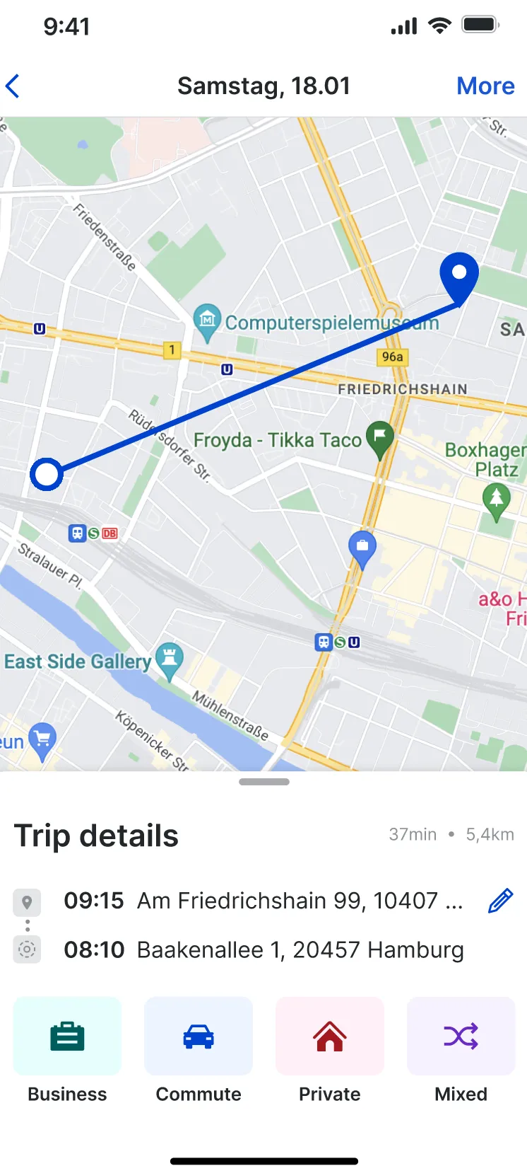 Trip details: map, start and end address, and four buttons: Business, Commute, Private, Mixed.