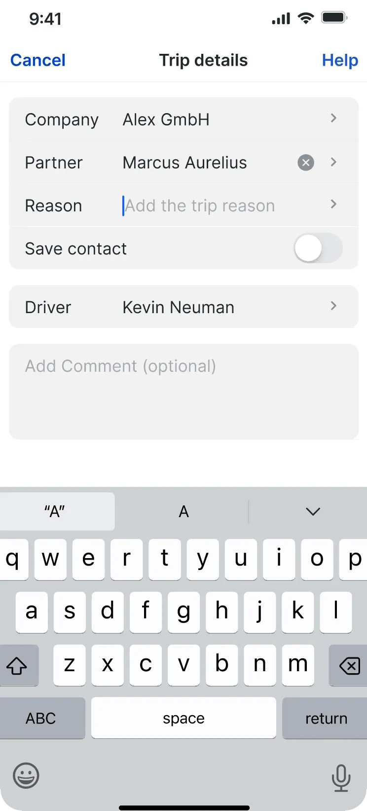Business trip form with company, partner and reason fields and the keyboard open.