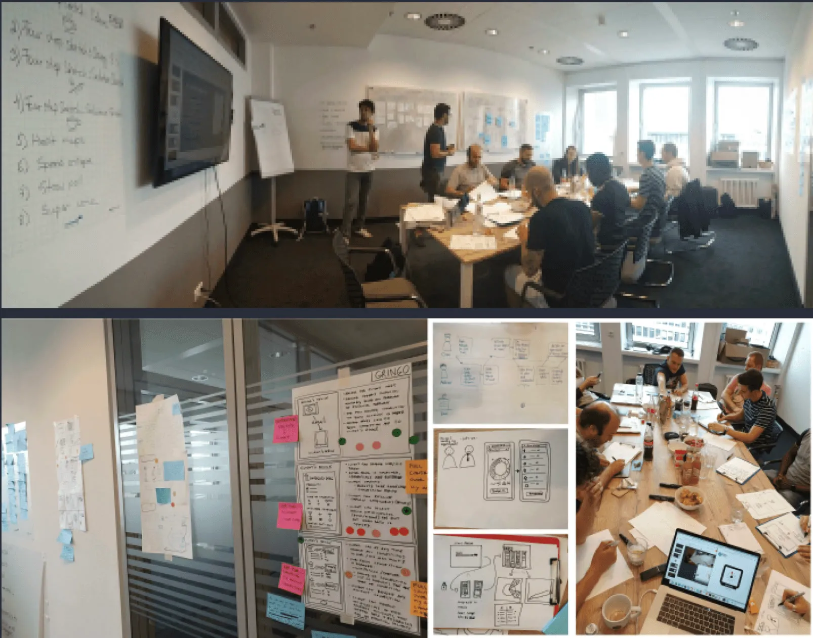 Collage from a design sprint workshop: a team around a table, sketches and sticky notes on the walls.