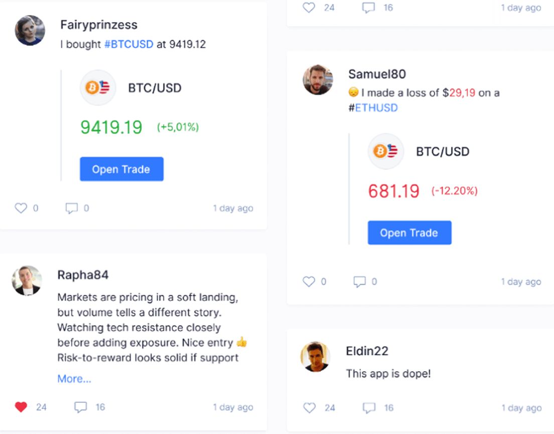 Feed posts: one user bought BTC/USD at 9419.12, another made a loss on ETH/USD, each with a trade card and an Open Trade button, plus a text post and likes and comments.