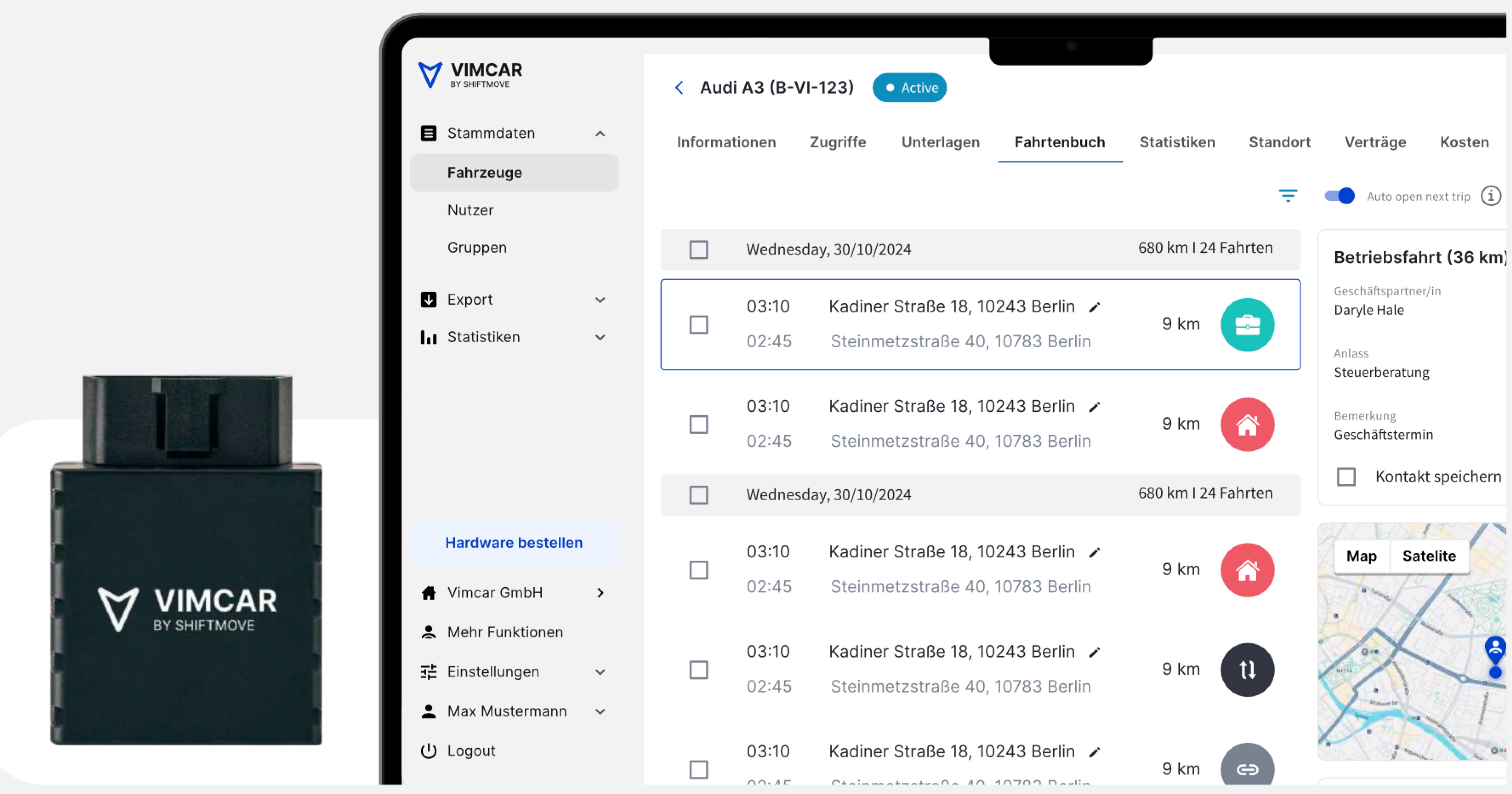 Vimcar web app for fleets: a vehicle's logbook with tabs, a list of trips with checkboxes and category icons, an Auto open next trip toggle, and trip details with a map beside the list. A Vimcar dongle sits beside the laptop.