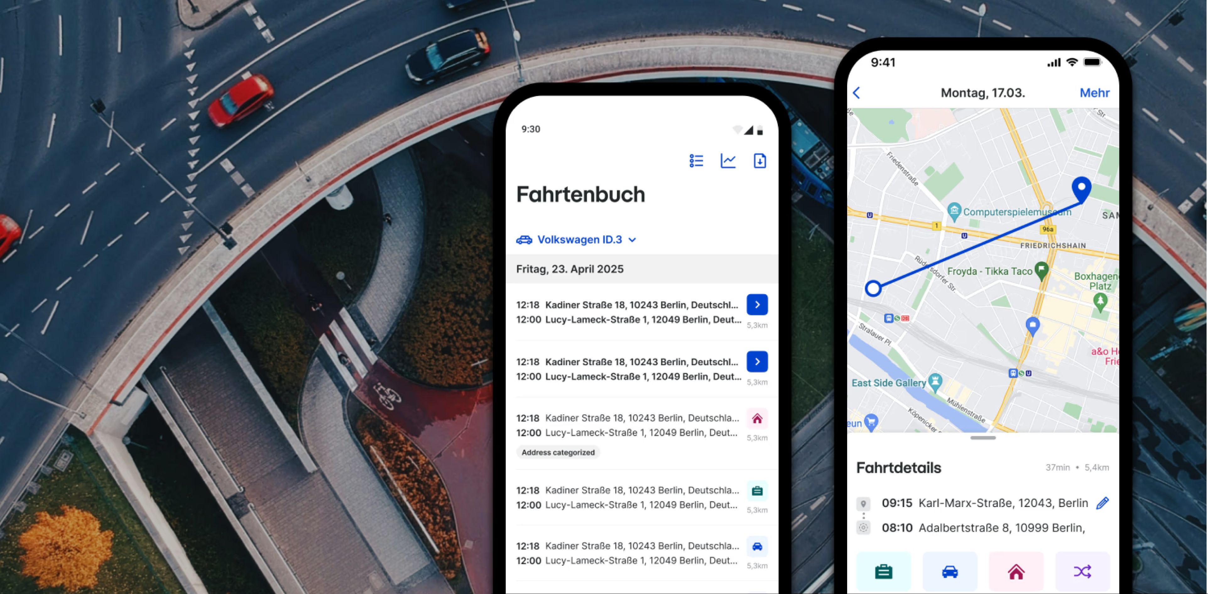 Two phones over an aerial photo of a road junction. One shows the Fahrtenbuch trip list, the other a trip on a map with the four category buttons.