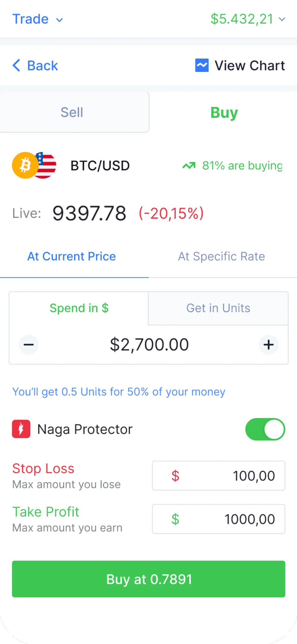 Buy ticket for BTC/USD with amount, units and Naga Protector stop loss and take profit.