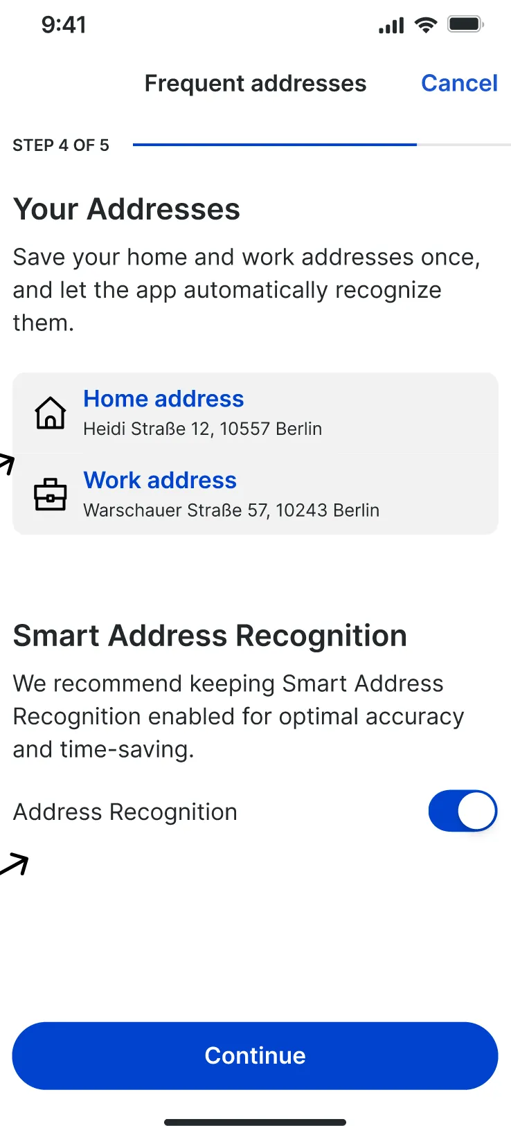 Onboarding step 4 of 5: Your Addresses with home and work address, and Smart Address Recognition switched on.