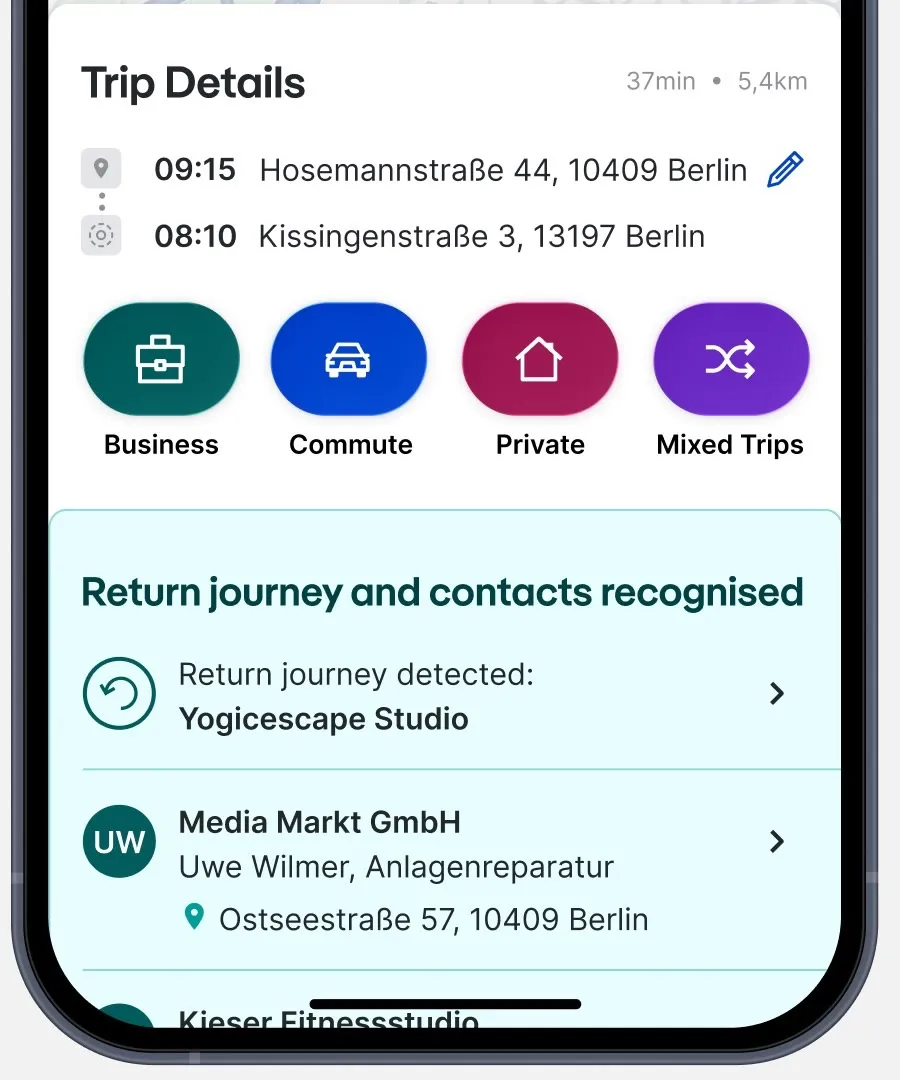 iOS trip details with round category buttons and a "Return journey and contacts recognised" panel.