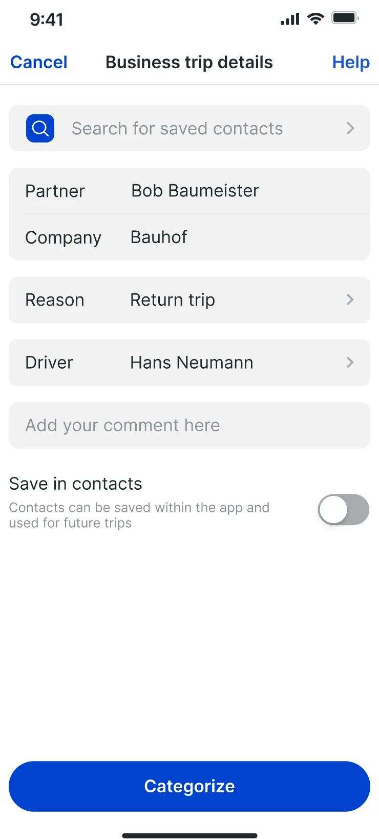 Business trip details after confirming: partner Bob Baumeister, company Bauhof, reason Return trip.