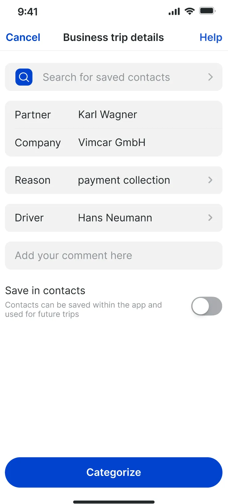 Business trip details pre-filled with partner Karl Wagner, company Vimcar GmbH, reason payment collection and the driver.