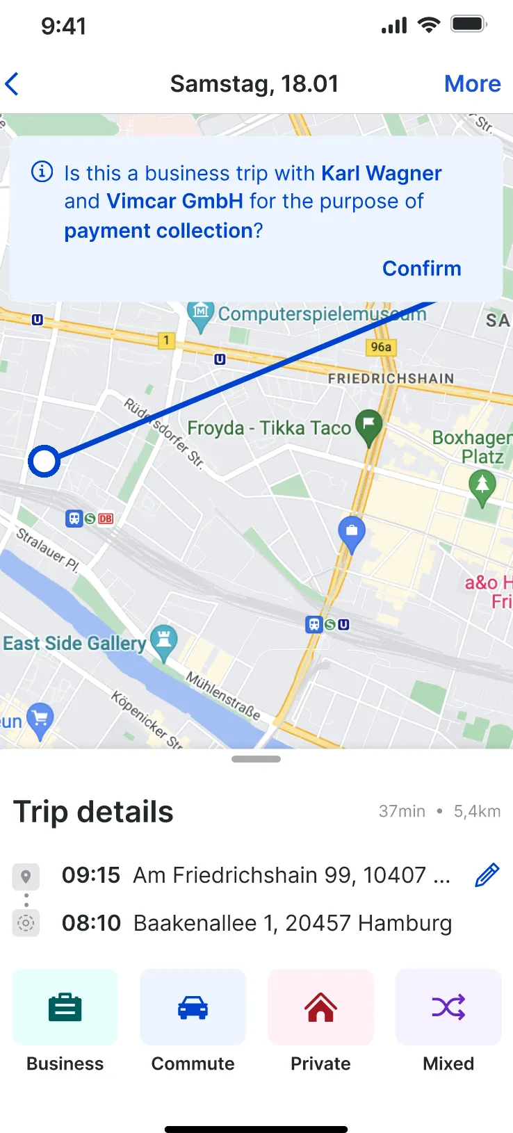 Trip details with a banner asking whether this is a business trip with Karl Wagner and Vimcar GmbH for payment collection, with a Confirm link.