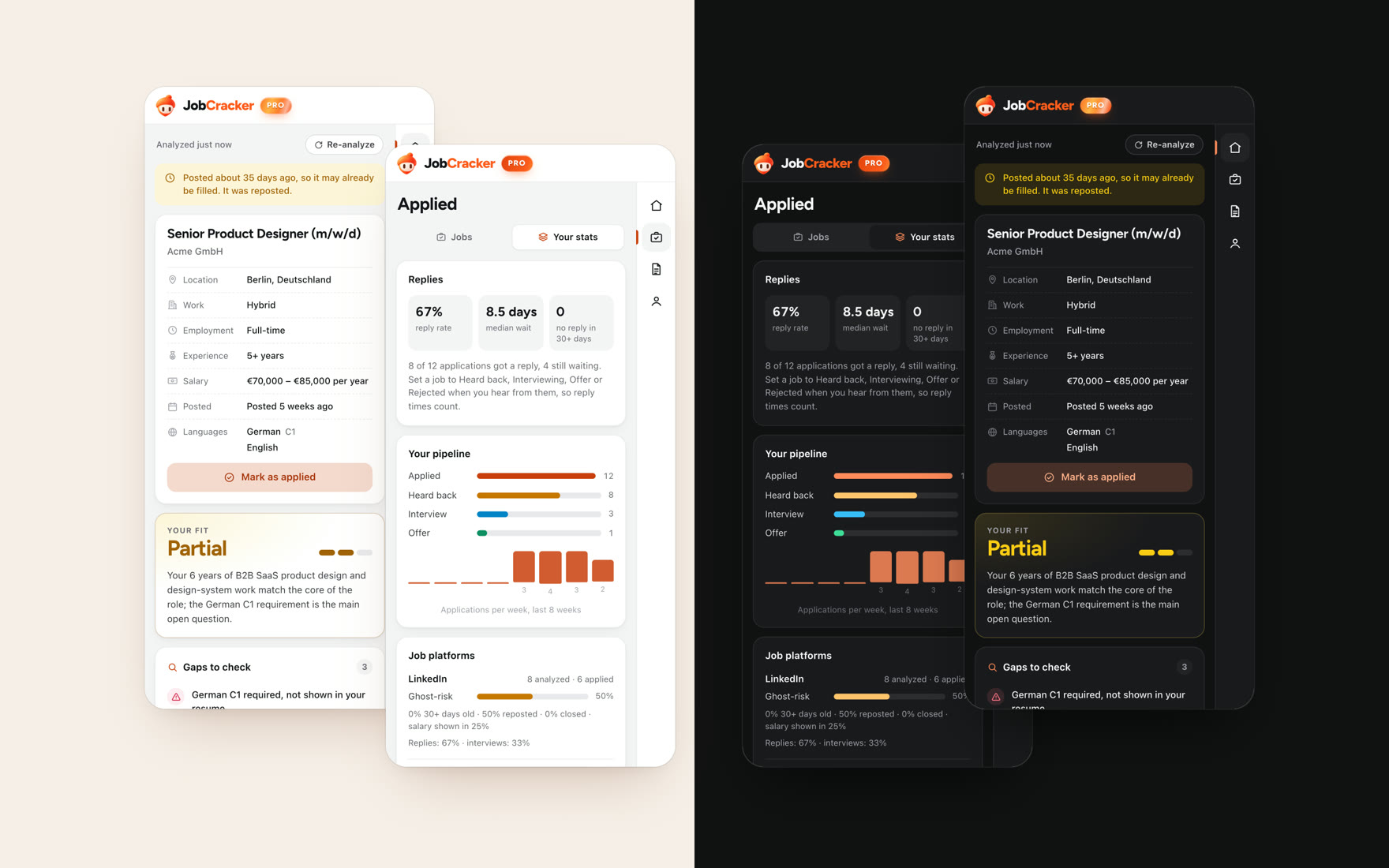 The result panel and the stats view side by side in the light theme and the dark theme.