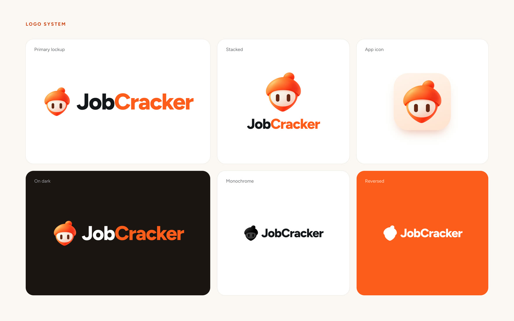 The JobCracker logo system: primary lockup, stacked lockup, app icon, a version on dark, monochrome and reversed on orange.