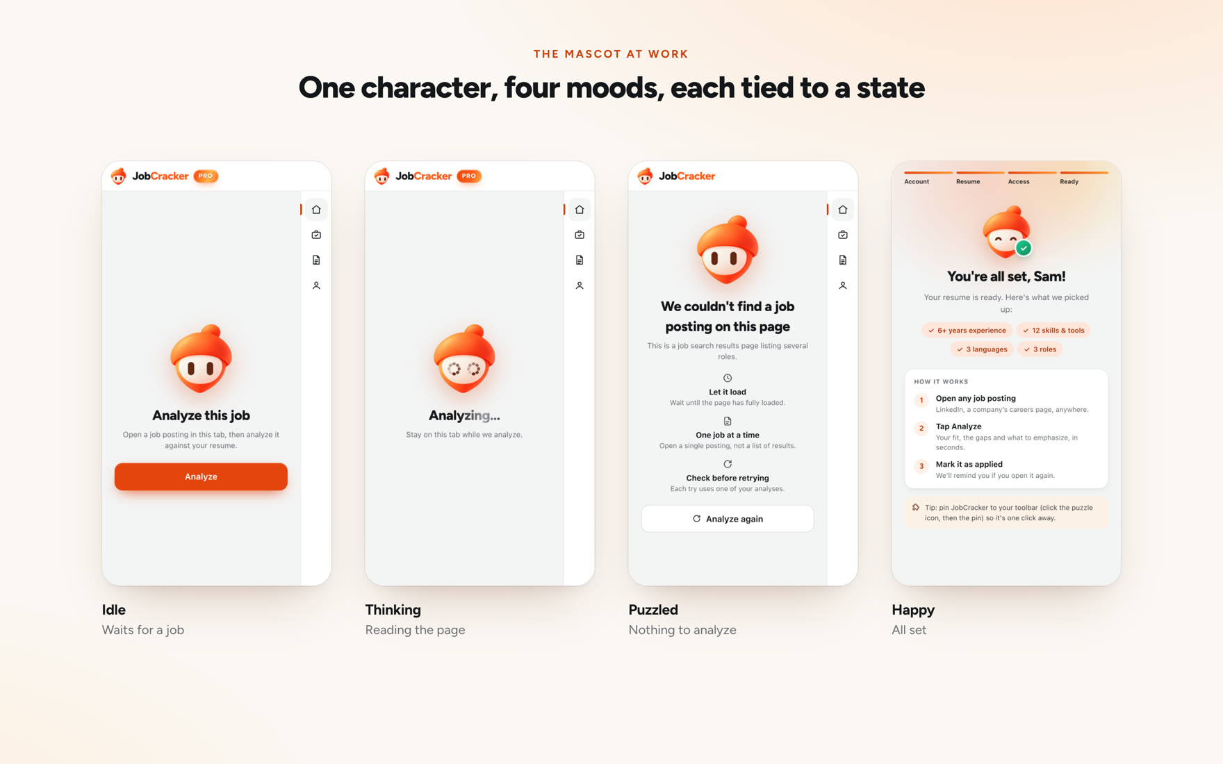 The four moods in real screens: idle on Analyze this job, thinking while analysing, puzzled on a page with no job posting, and happy on the onboarding screen once setup is complete.