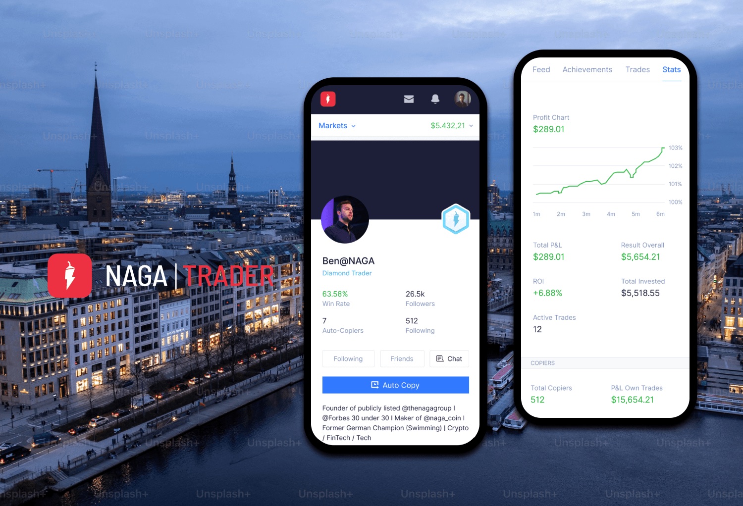 Two phones over a night-time city skyline. One shows a trader's social profile with a Copy button; the other shows portfolio performance stats.