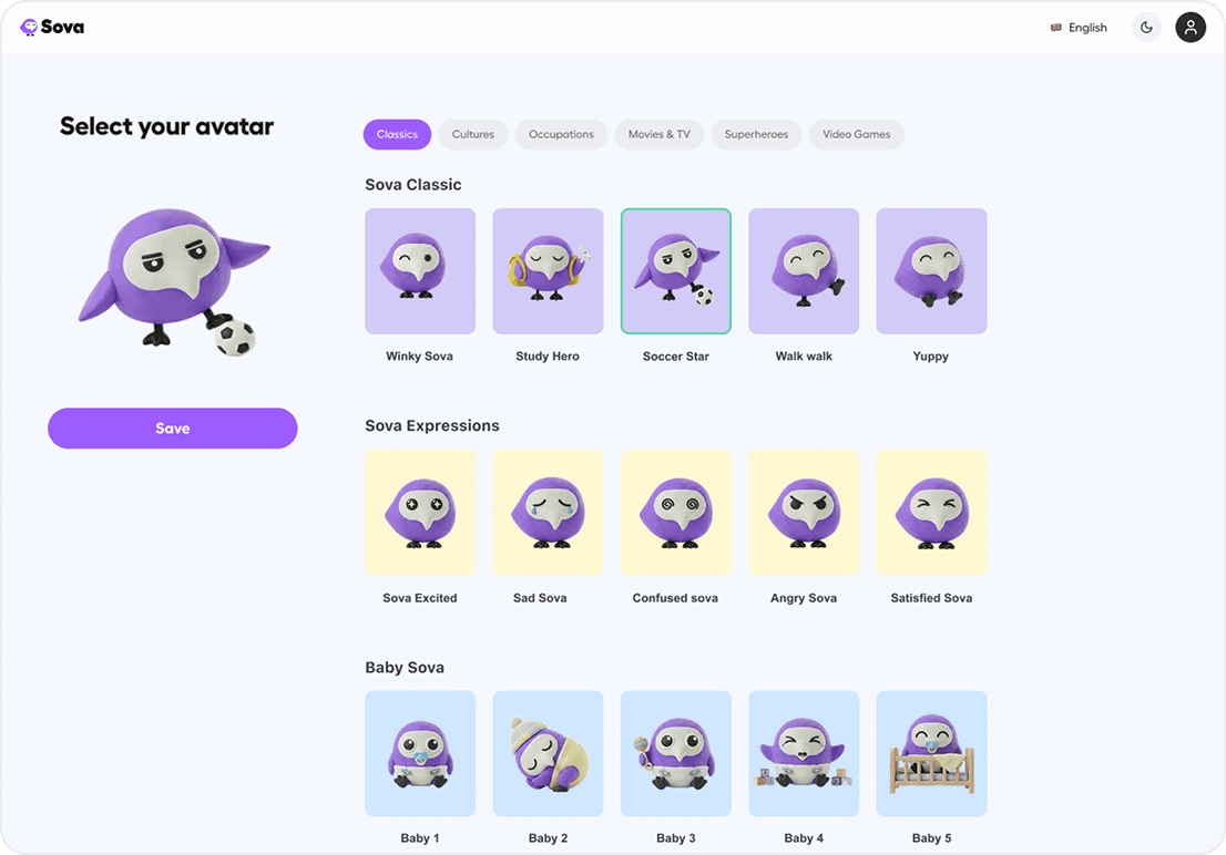 Avatar picker with classic Sova variants, expressions and baby versions.