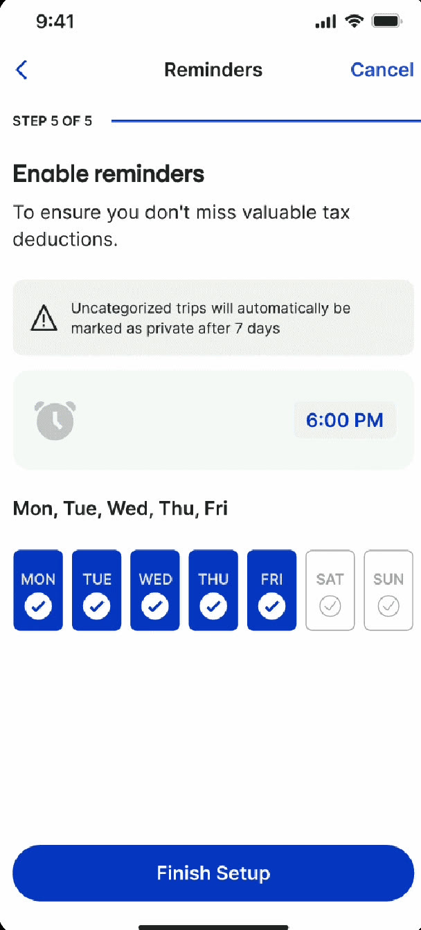 Reminders step 5 of 5: warning that uncategorised trips become private after 7 days, reminder time 6:00 PM, and Monday to Friday selected.